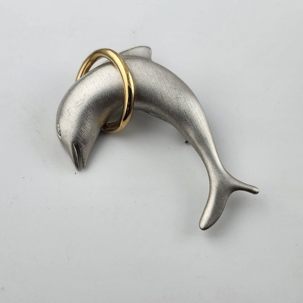 Silver Gold Dolphin‎ Brooch Brushed Vintage Signed Lady Remington LR  1970s